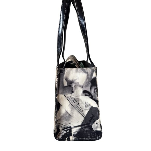 Vintage-Pin Up Inspired Black & White Newspaper Print Handbag With Double Handle - Picture 4 of 10